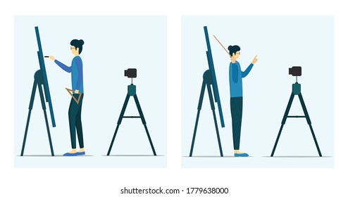 Collection of Vector Teachers isolated and taught at home, Working at home. teach at home, use online video to study at home. With a flat design concept