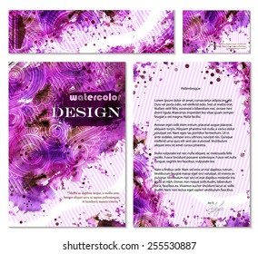 Collection of vector template corporate identity. Business artworks with watercolor splash. Background for web, printed media design. Banner, business card, flyer, invitation, greeting card, postcard.