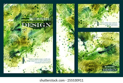 Collection of vector template corporate identity. Business artworks with watercolor splash. Background for web, printed media design. Banner, business card, flyer, invitation, greeting card, postcard.