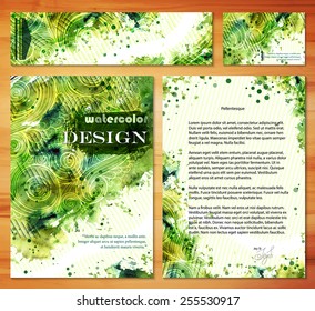 Collection of vector template corporate identity. Business artworks with watercolor splash. Background for web, printed media design. Banner, business card, flyer, invitation, greeting card, postcard.