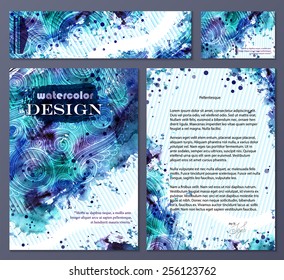 Collection of vector template corporate identity. Business artworks with watercolor splash. Background for web, printed media design. Banner, business card, flyer, invitation, greeting card, postcard.