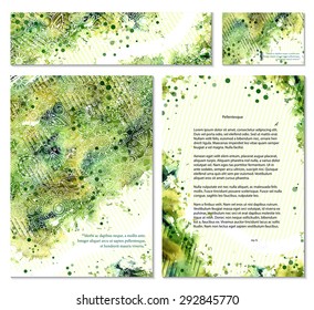 Collection of vector template corporate identity. Business artworks with watercolor splash. Background for web, printed media design. Banner, business card, flyer, invitation, greeting card, postcard.