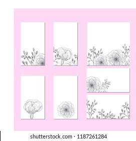 Collection of vector template label, visit cards, square greeting cards and banners with home plants, wild flowers and herbs.