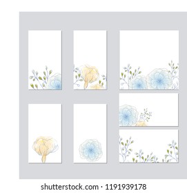 Collection of vector template label, visit cards, square greeting cards and banners with home plants, wild flowers and herbs.