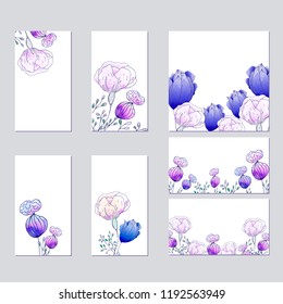 Collection of vector template label, visit cards, square greeting cards and banners with home plants, wild flowers and herbs.Business set of design templates Layout, mockup design for cosmetics.