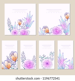 Collection of vector template label, visit cards, square greeting cards and banners with home plants, wild flowers and herbs.Business set of design templates Layout, mockup design for cosmetics.
