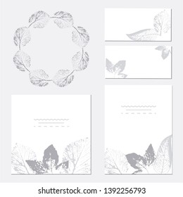 Collection of vector template label, visit cards, square greeting cards and banners with home plants, wild flowers and herbs.Business set of design templates Layout, mockup design for cosmetics.
