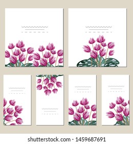 Collection of vector template label, visit cards, square greeting cards and banners with home plants, wild flowers and herbs.Business set of design templates Layout, mockup design for cosmetics.