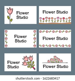 Collection of vector template label, visiting cards, square greeting cards and banners with hand drawn tulips.Business set of design templates Layout, mockup design for cosmetics and flower shop.