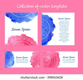 Collection of vector templates for cards and flyers with mandalas on watercolor background