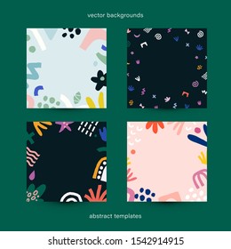 Collection of vector templates with contemporary abstraction illustrations. Square modern frames, place for text. Decorative modern abstract backgrounds for text, posts, quotes, good for social media
