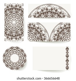 Collection of vector templates for corporate design, paper blanks in traditional mehndi style with hand drawn stylized symbols and spiritual icons.