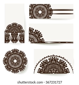 Collection of vector templates for ethnic design, blanks in traditional mehndi style with hand drawn stylized symbols and spiritual icons, indian ornaments.