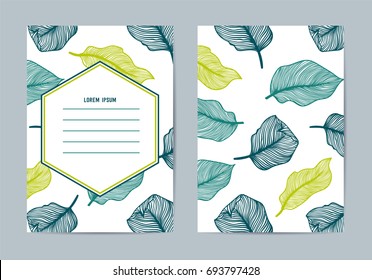 Collection of vector templates with patterns. Abstract exotic tropical leaf and flowers background. Ready for use. Double sided, fits A4, A5, A6. Perfect for invitation greeting template. Summer style