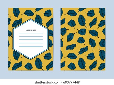 Collection of vector templates with patterns. Abstract exotic tropical leaf and flowers background. Ready for use. Double sided, fits A4, A5, A6. Perfect for invitation greeting template. Summer style