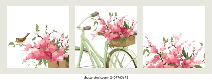 Collection of vector templates for postcards or invitations on the spring holidays. Retro bike with basket of flowers. Postcard with blossoming cherry or apple tree branches and little bird.