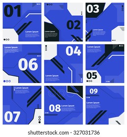 Collection vector templates with text and flat geometric shapes.