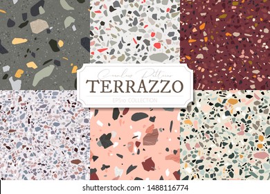 Collection of vector terrazzo abstract backgrounds. Stone and rock textures for floor tiles with granite, quartz, marble and concrete. Set of seamless patterns