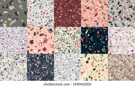 Collection of vector terrazzo abstract backgrounds. Stone and rock textures for floor tiles with granite, quartz, marble and concrete. Set of seamless patterns
