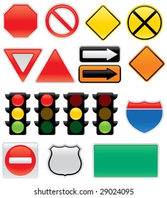 A Collection Of Vector Traffic Signs And Map Symbols. Stop, Yield, Traffic Lights, Interstate And Highway Icons, One Way, Detour, Construction, Railroad, Do Not Enter.