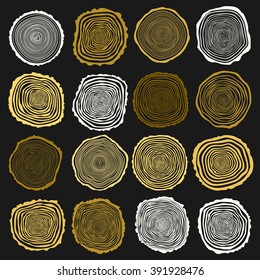 Collection of vector tree rings background and saw cut tree trunk. Conceptual graphics. Dark background