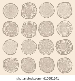 Collection of vector tree rings background and saw cut tree trunk. Conceptual graphics.