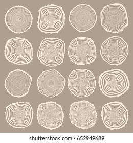 Collection of vector tree rings background and saw cut tree trunk. Conceptual graphics.