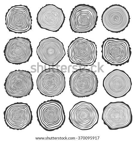 Collection of vector tree rings background and saw cut tree trunk. Conceptual graphics.