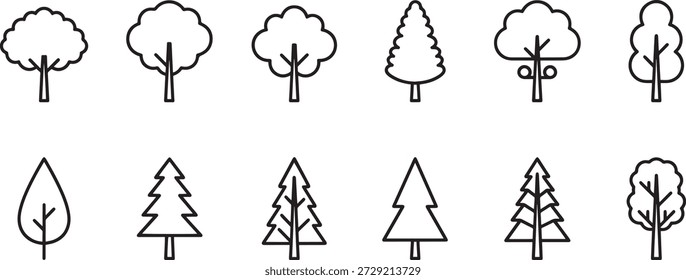 Uma coleção de silhuetas de árvores vetoriais para fins de design e ilustração, apresentando várias formas e estilos de árvores.