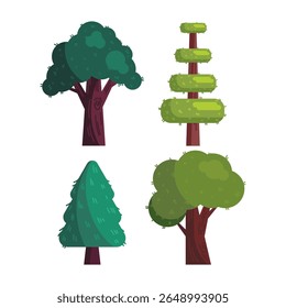 Coleção de árvores vetoras, incluindo pinheiros, bonsai e árvores caducifólias. Estilo plano mínimo, perfeito para design natural, materiais educacionais ou ilustrações de paisagem.