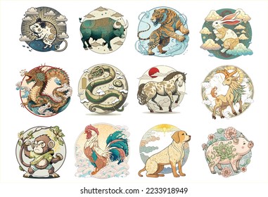 Collection Vector of Twelve Chinese Zodiac Year Astrological Signs Symbol in Cartoon Style on White Background