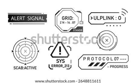 Collection of vector UI frames and HUD panels on white background. Vector elements for sci-fi UI design, game overlays and technical presentations.