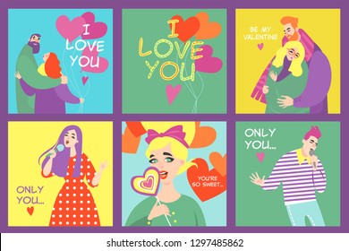 Collection of vector Valentines day cards with funny characters in colorful cartoon style. Retro pop art design
