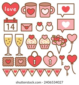 Collection of vector Valentine's Day elements on white background. Hearts, love, drinks, flowers, love letter, cookies decorative elements.