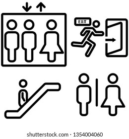 Collection of vector various International signs. Toilet room, fire exit, elevator, escalator icon set with line style. Isolated background