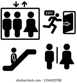 Collection of vector various International signs. Toilet room, fire exit, elevator, escalator icon set with solid style. Isolated background