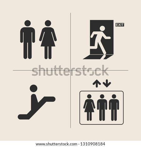 Collection of vector various International signs. Toilet room, fire exit, elevator, escalator icon set. Isolated background.