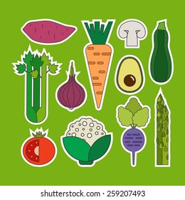 Collection of vector vegetable stickers - great to use for learning food names with kids or as an element in healthy lifestyle design.