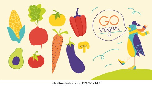 Collection of vector vegetables icons set in cartoon style with bird character.