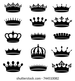 Collection of vector vintage antique crown, simple black and white icons. Vector set of silhouettes crowns, design elements.