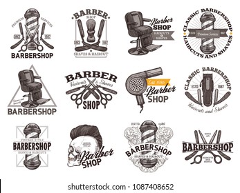 Collection of vector vintage barbershop emblems, labels and badges in hand drawn sketch engraving style. Barber shop design