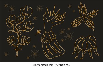 Collection of vector vintage cartoon elements, magic shop for witches concept, wizard symbol set. hand drawn fairy tale elements. Gold line on black background, boho vintage style.