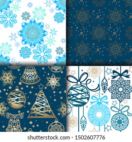 Collection of vector vintage christmas patterns, blue snowflakes. Xmas texture for wallpaper, web page background, wrapping paper.