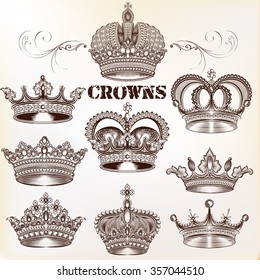 Collection of  vector vintage crown design elements in engraved style