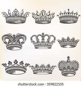 Collection of  vector vintage crown design elements in engraved style