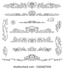 Collection of vector vintage elements for design of pages, cards, invitations. Drawn horizontal borders, texts dividers, cartouches. Sketches, the engraving style. Historical style, Baroque.