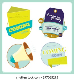 Collection of vector vintage hipsters unique coming soon tags. Retro design elements. Labels and ribbons in cute style isolated on white background. 