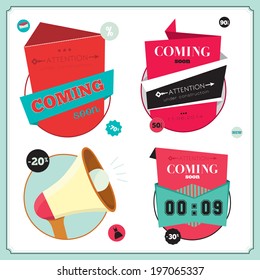 Collection of vector vintage hipsters unique coming soon tags. Retro design elements. Labels and ribbons in cute style isolated on white background. Set icons for opening shops, cafes, restaurants.