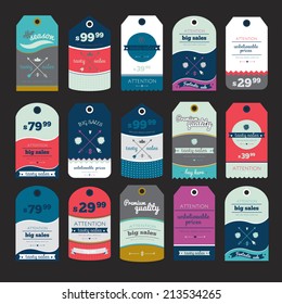 Collection of vector vintage hipsters unique sale tags. Labels, arrows and ribbons in vintage style isolated on white background. Great discount, low prices. Special offer, best time to buy