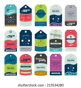 Collection of vector vintage hipsters unique sale tags. Labels, arrows and ribbons in vintage style isolated on white background. Great discount, low prices. Special offer, best time to buy